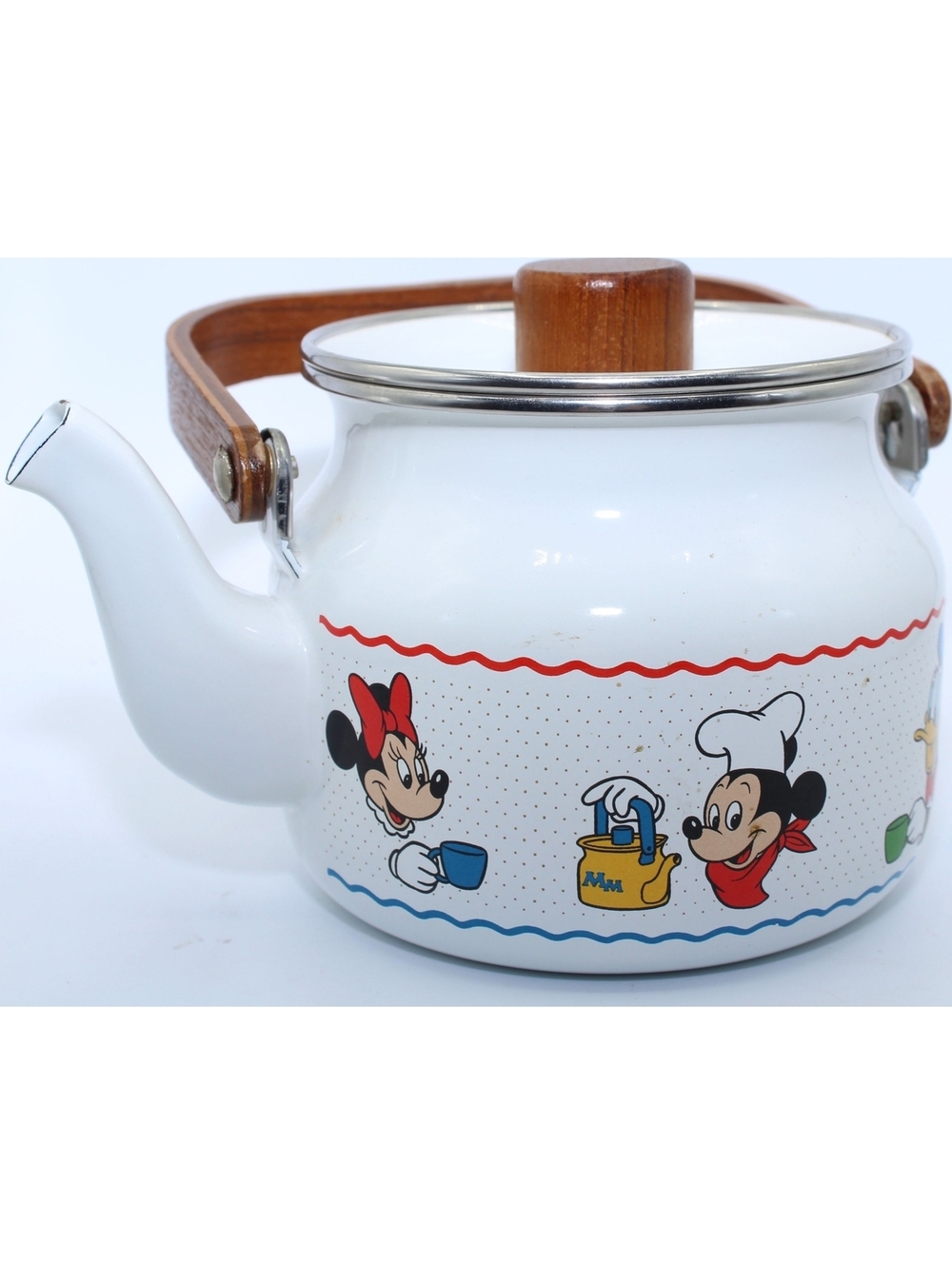 Vintage Disney Mickey Minnie Mouse Donald Duck Pluto Tea Kettle Wooden Handle